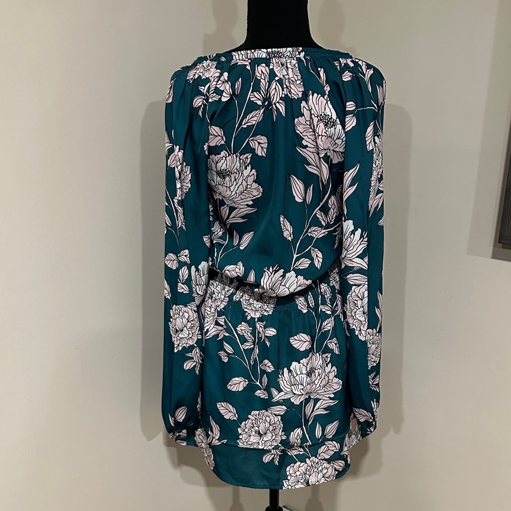 *BOSTON PROPER* Teal Floral Tie-Neck Long Sleeve Dress Size XS - Picture 4 of 6